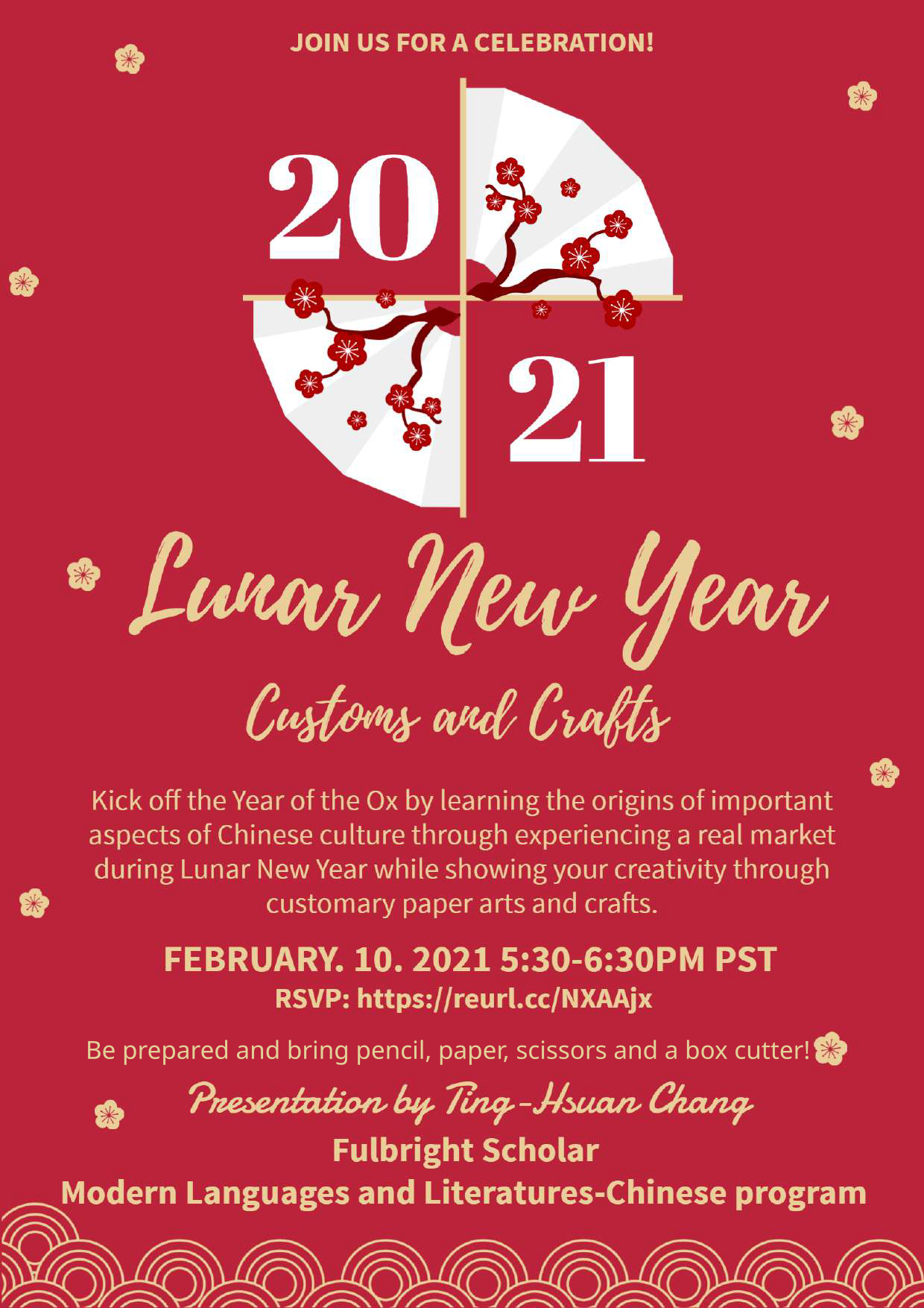 Red flier with information about the 2021 Lunar New Year celebration.